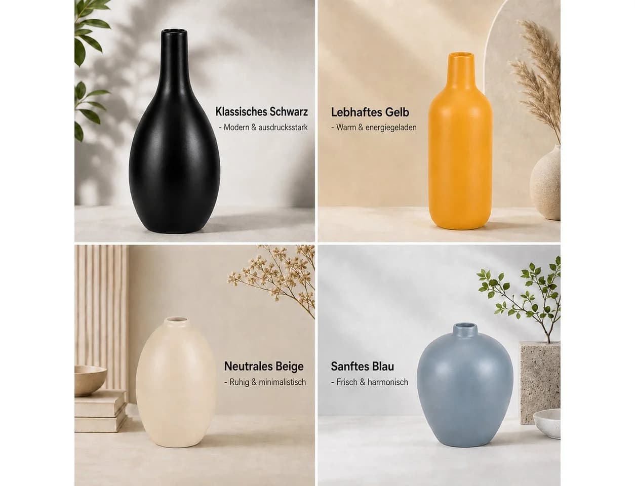 BlingBin 4er-Set Keramikvasen Schwarz Beige Gelb Hellblau - Bild 5