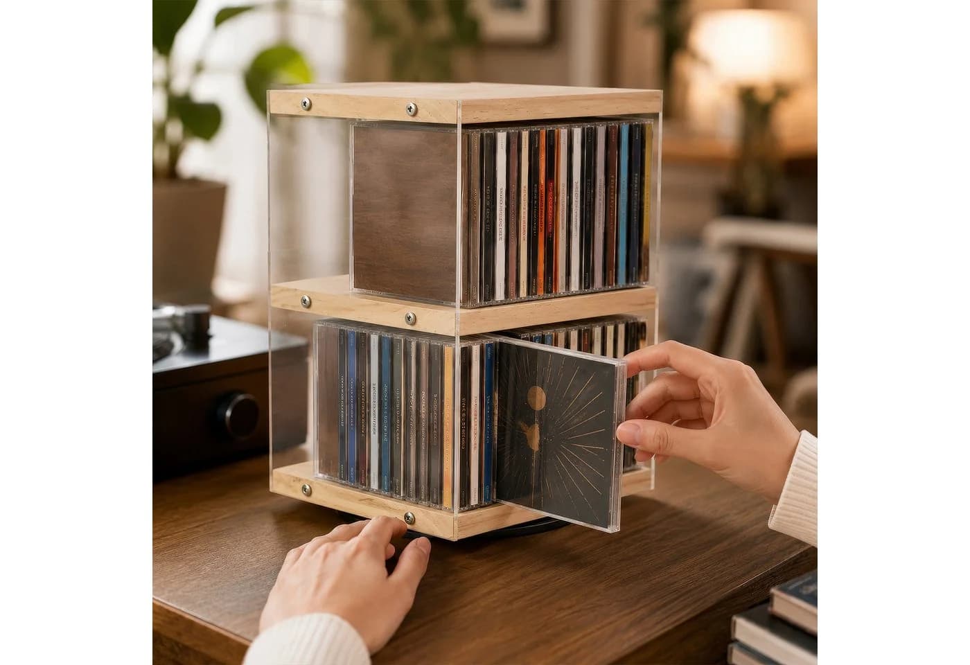 BlingBin Drehbares CD-Regal 2 Ebenen Holz Acryl