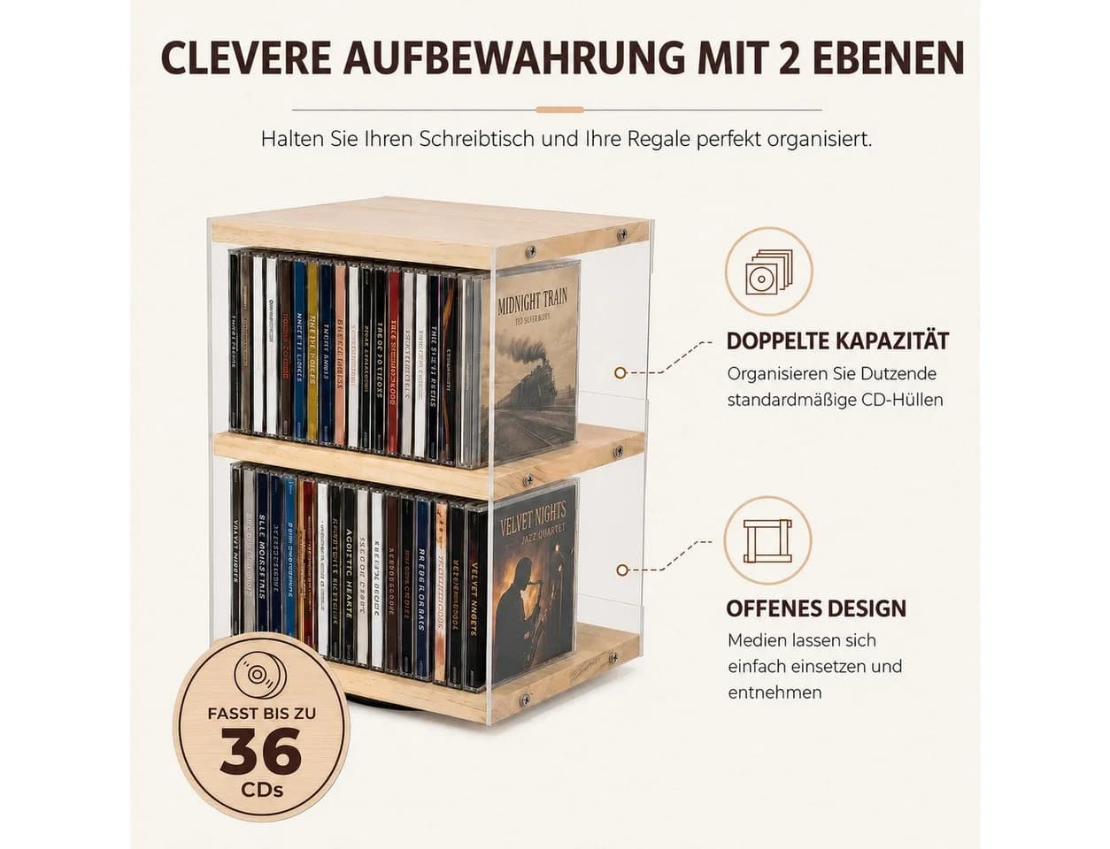 BlingBin Drehbares CD-Regal 2 Ebenen Holz Acryl - Bild 4