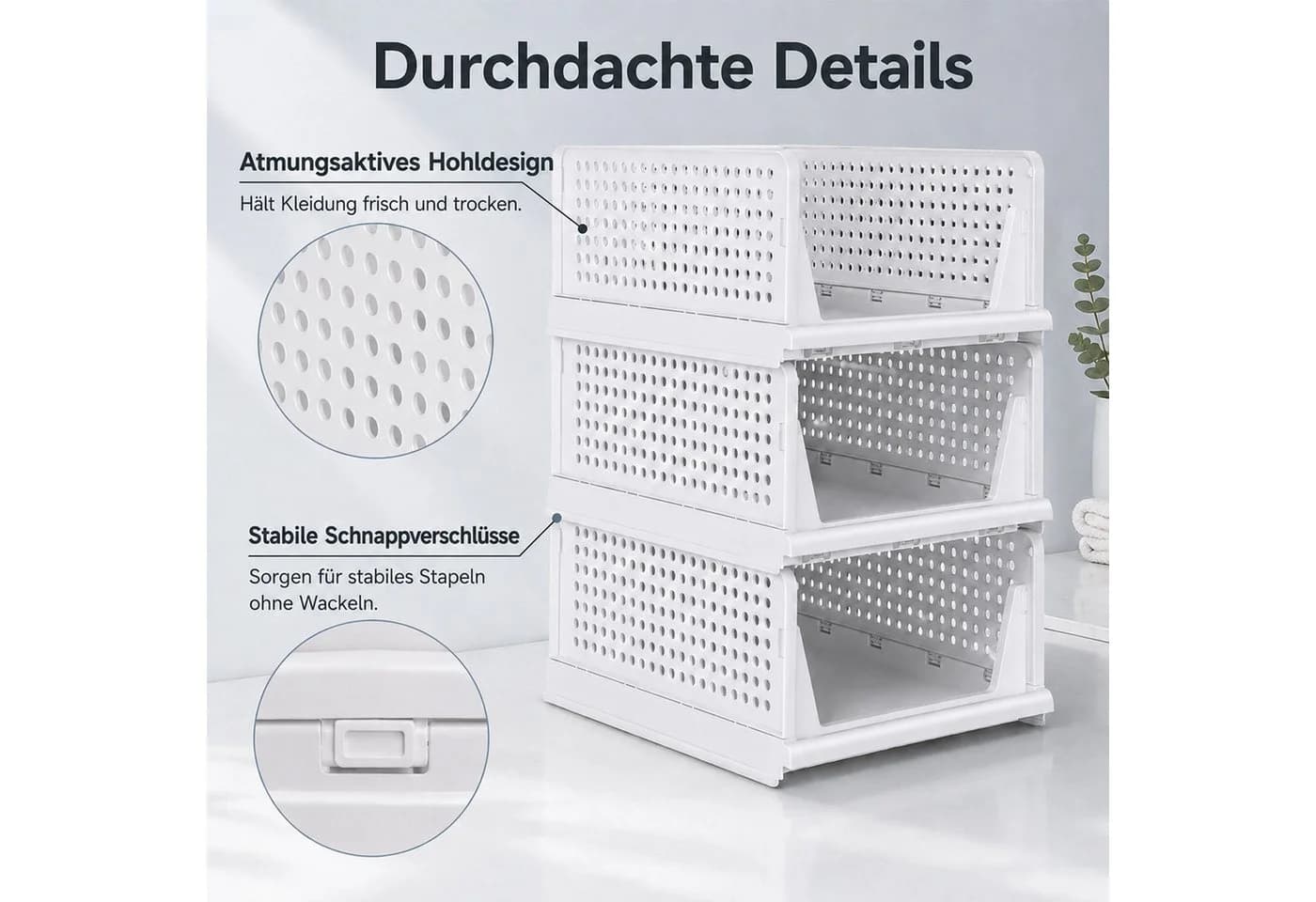 BlingBin Aufbewahrungskorb 3er Set Weiß Stapelbar Ausziehbar - Bild 3