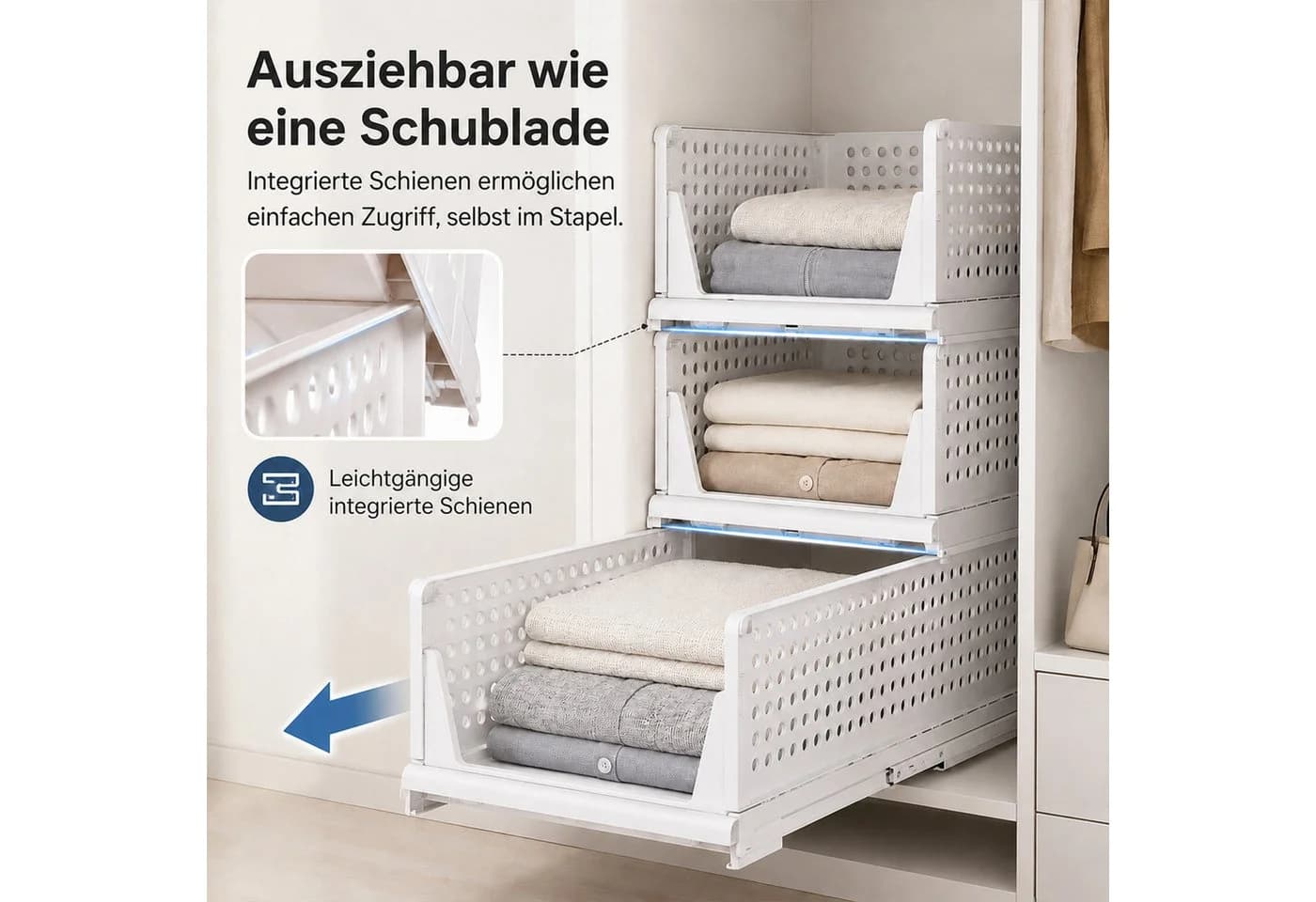 BlingBin Aufbewahrungskorb 3er Set Weiß Stapelbar Ausziehbar - Bild 4