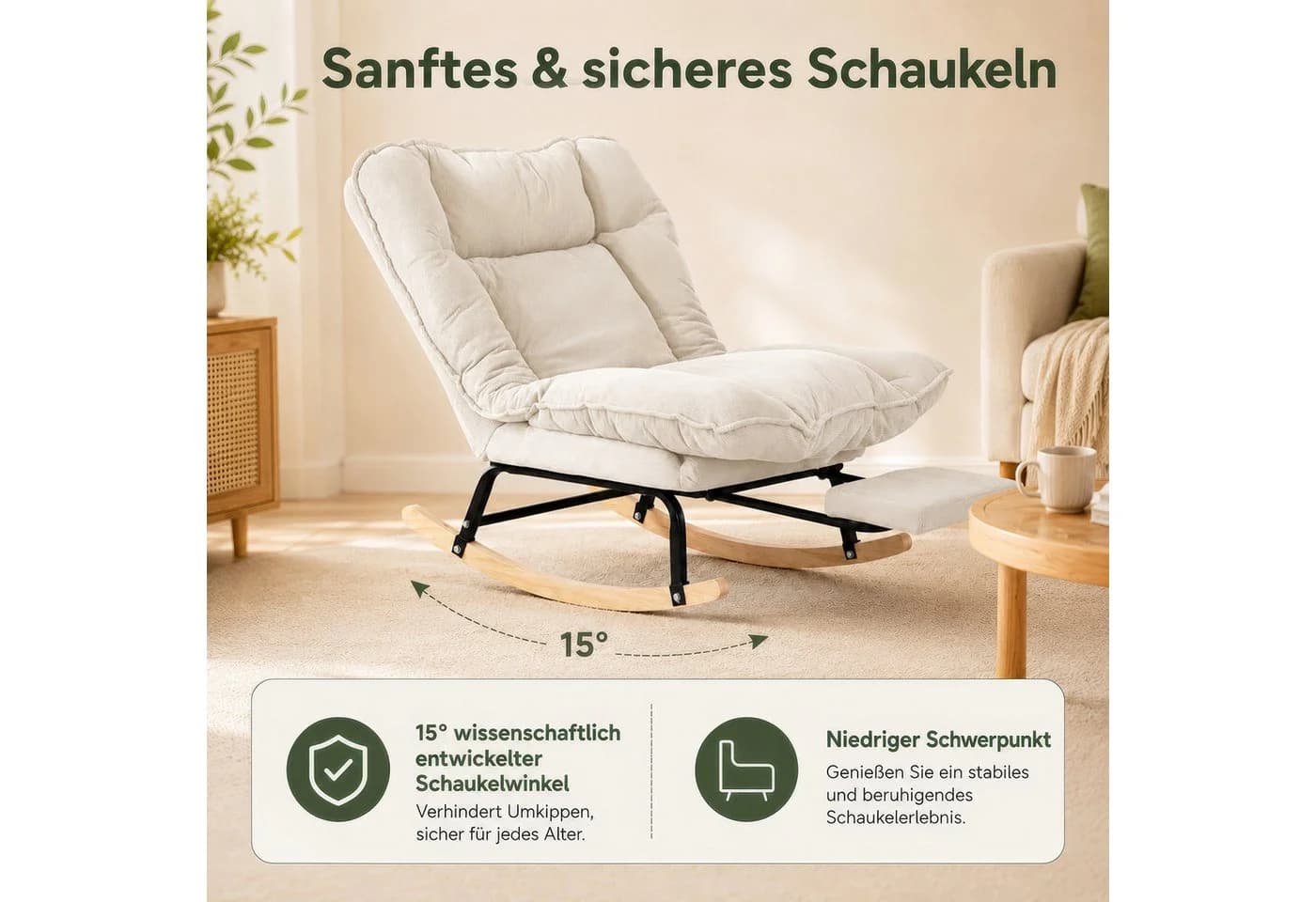 BlingBin Schaukelstuhl mit Fußstütze, verstellbar Rückenlehne, Cord beige - Bild 5