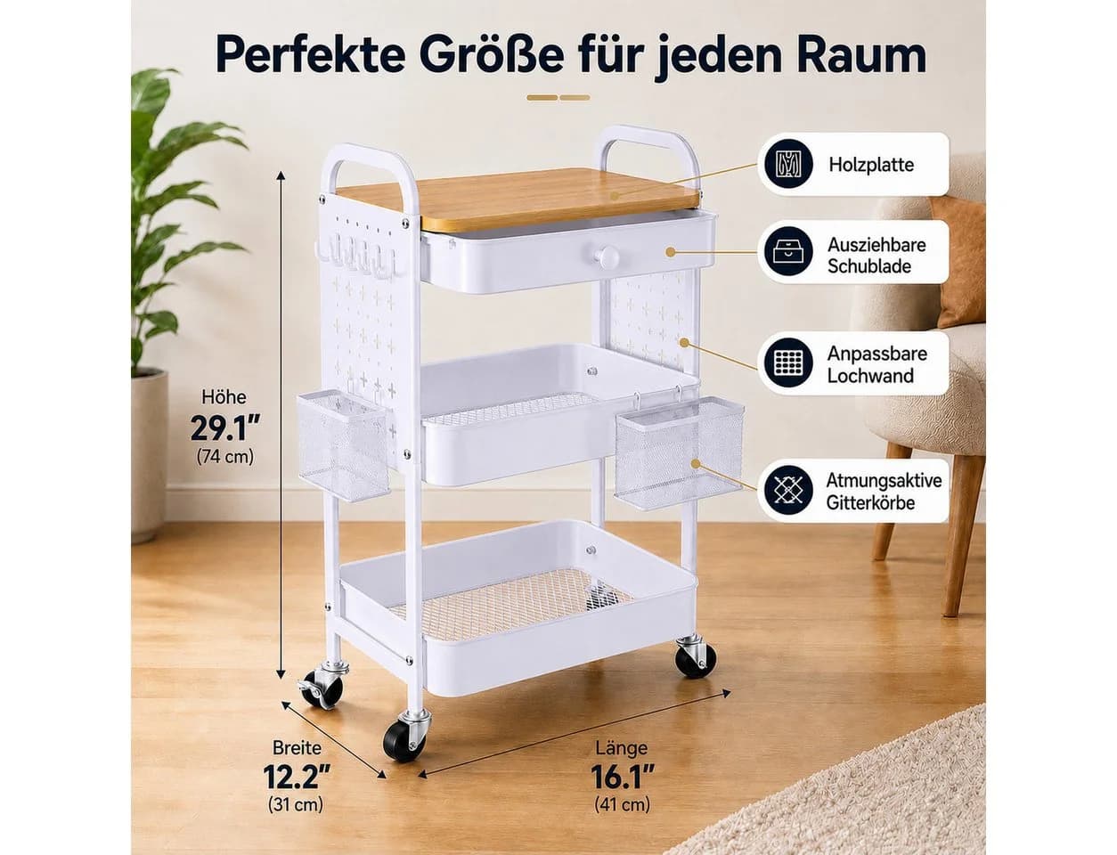 BlingBin Rollwagen 3 Ebenen Weiß Schwarz mit Schublade & Haken - Bild 3