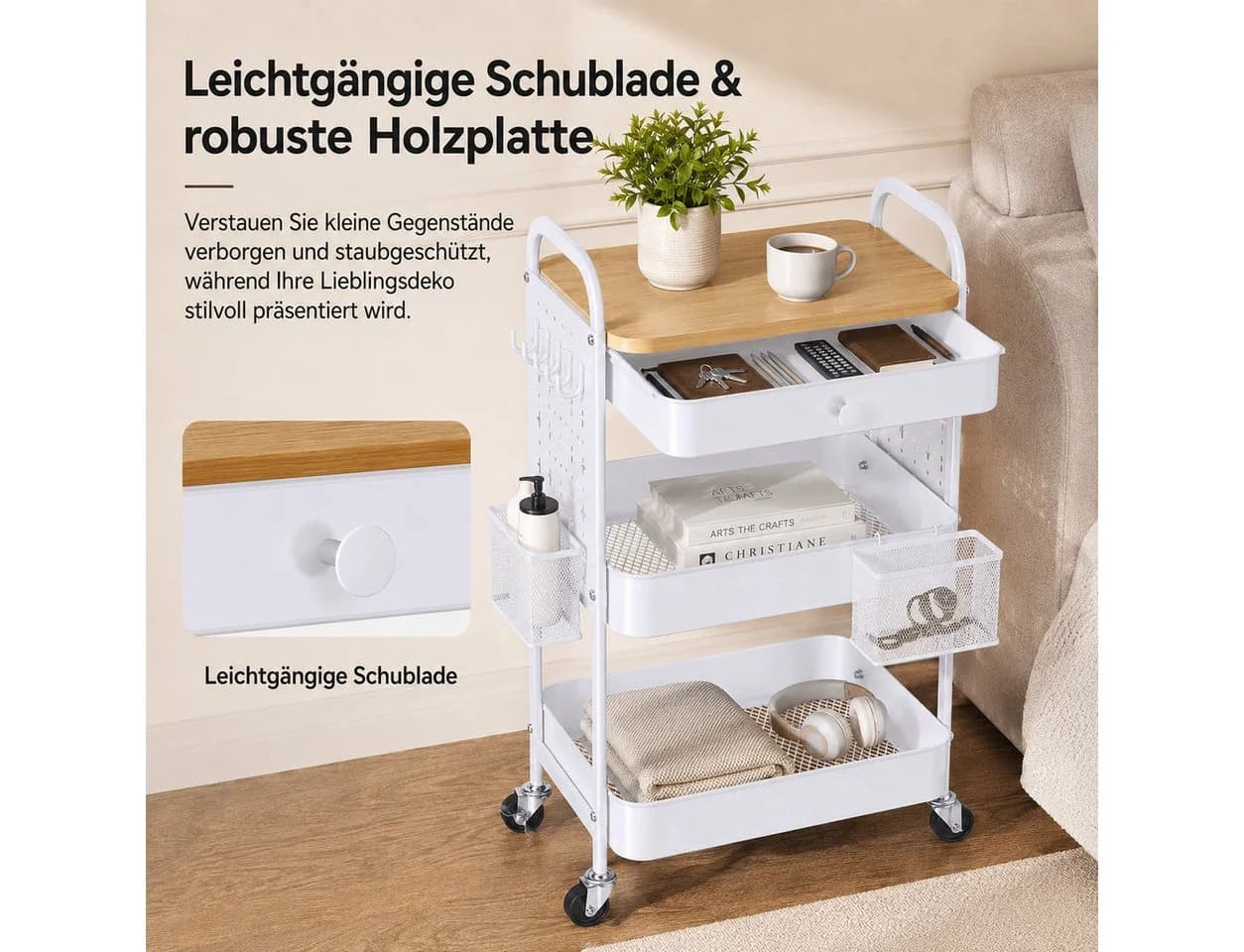BlingBin Rollwagen 3 Ebenen Weiß Schwarz mit Schublade & Haken - Bild 5
