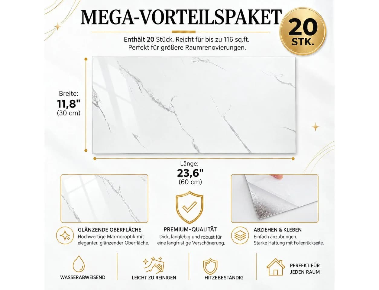 LEMLIT Selbstklebende Wandpaneele Marmoroptik 60x30cm 20er Set - Bild 3