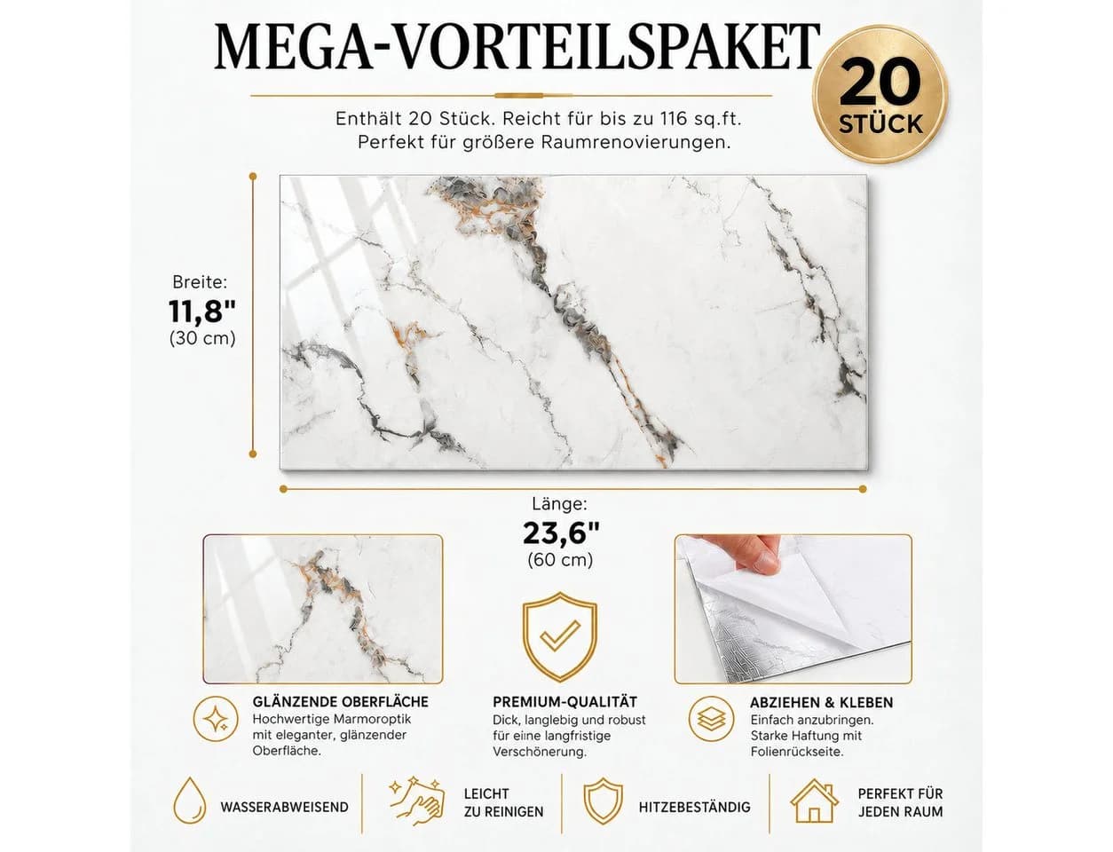 LEMLIT Selbstklebende Wandpaneele Marmoroptik Grau 60x30cm - Bild 3