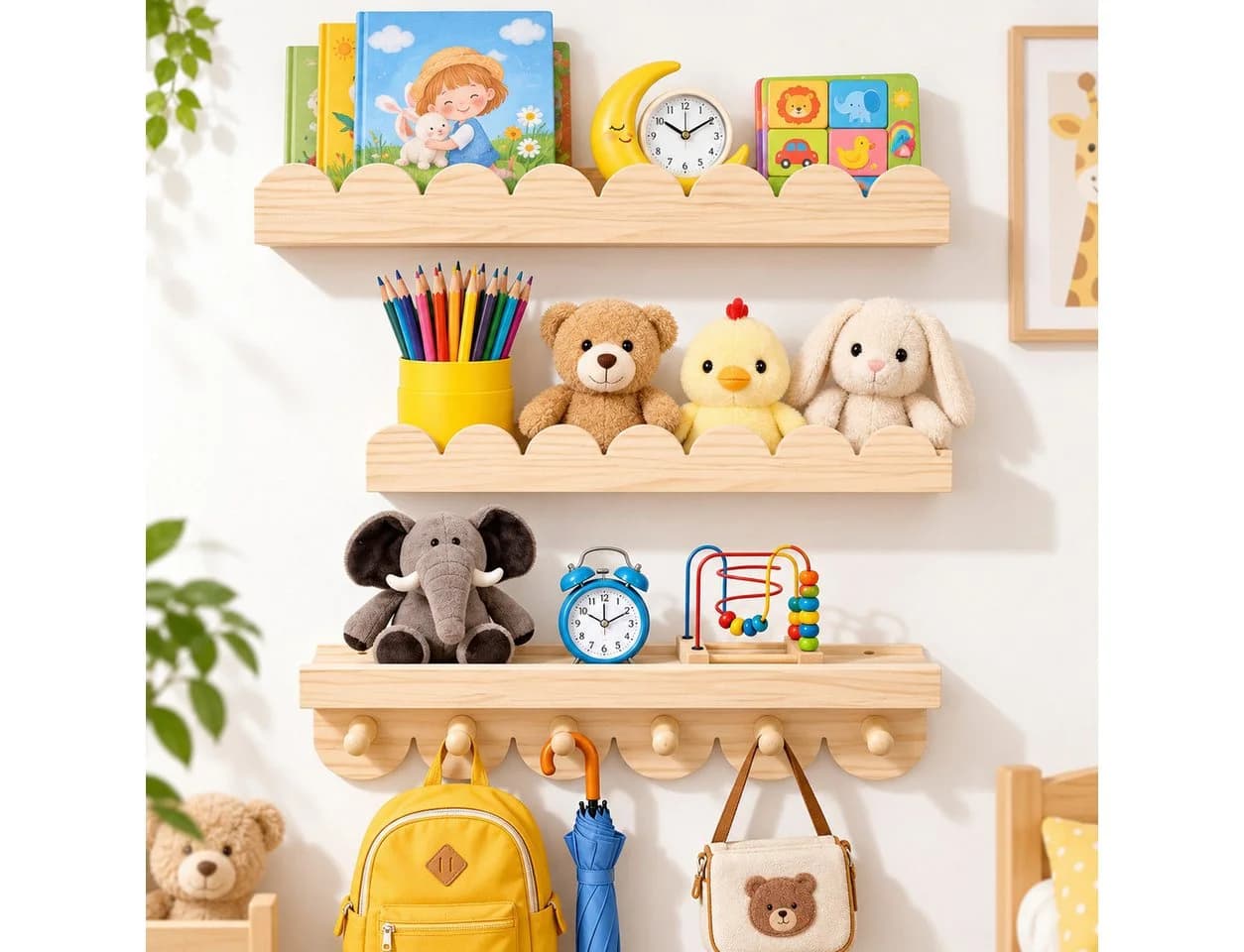 LEMLIT Wandregal 3er-Set Kinderregal Kiefernholz mit 6 Haken