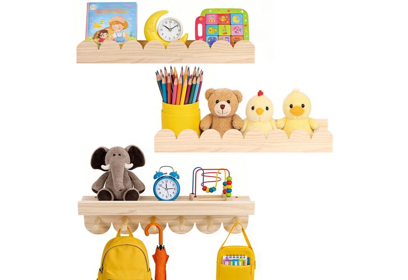 LEMLIT Wandregal 3er-Set Kinderregal Kiefernholz mit 6 Haken - Bild 2