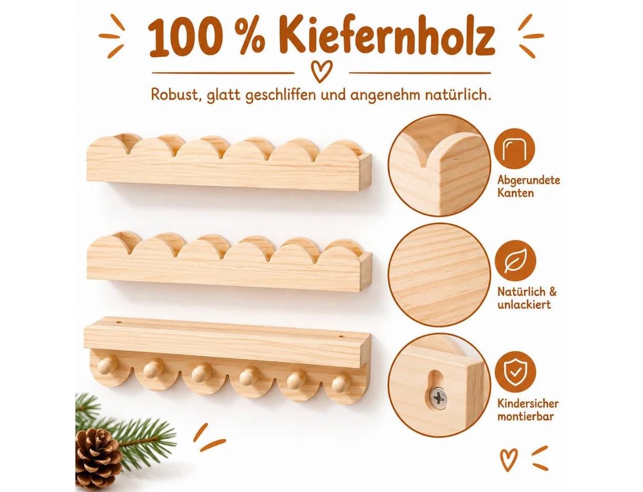 LEMLIT Wandregal 3er-Set Kinderregal Kiefernholz mit 6 Haken - Bild 4
