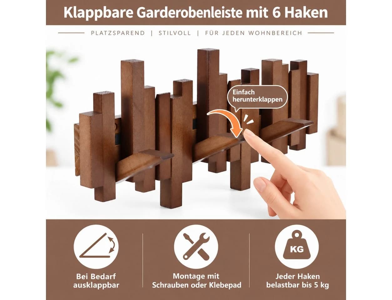 LEMLIT Wandgarderobe mit 6 Klapphaken Walnuss-Optik - Bild 4
