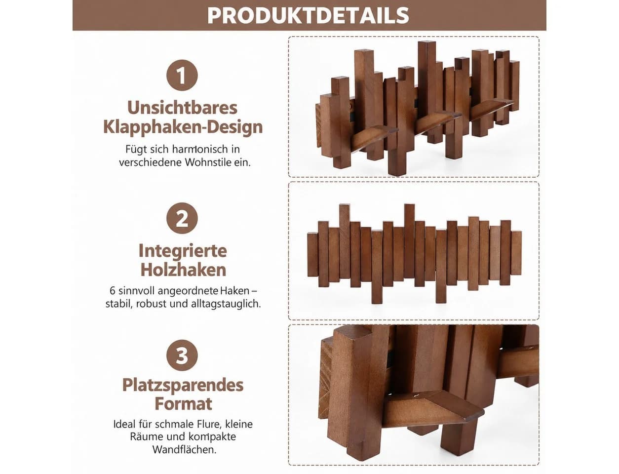 LEMLIT Wandgarderobe mit 6 Klapphaken Walnuss-Optik - Bild 5