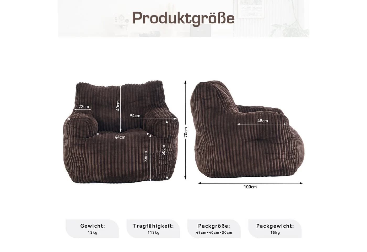 BlingBin Sitzsack Loungesessel Cord Braun Memory-Schaum