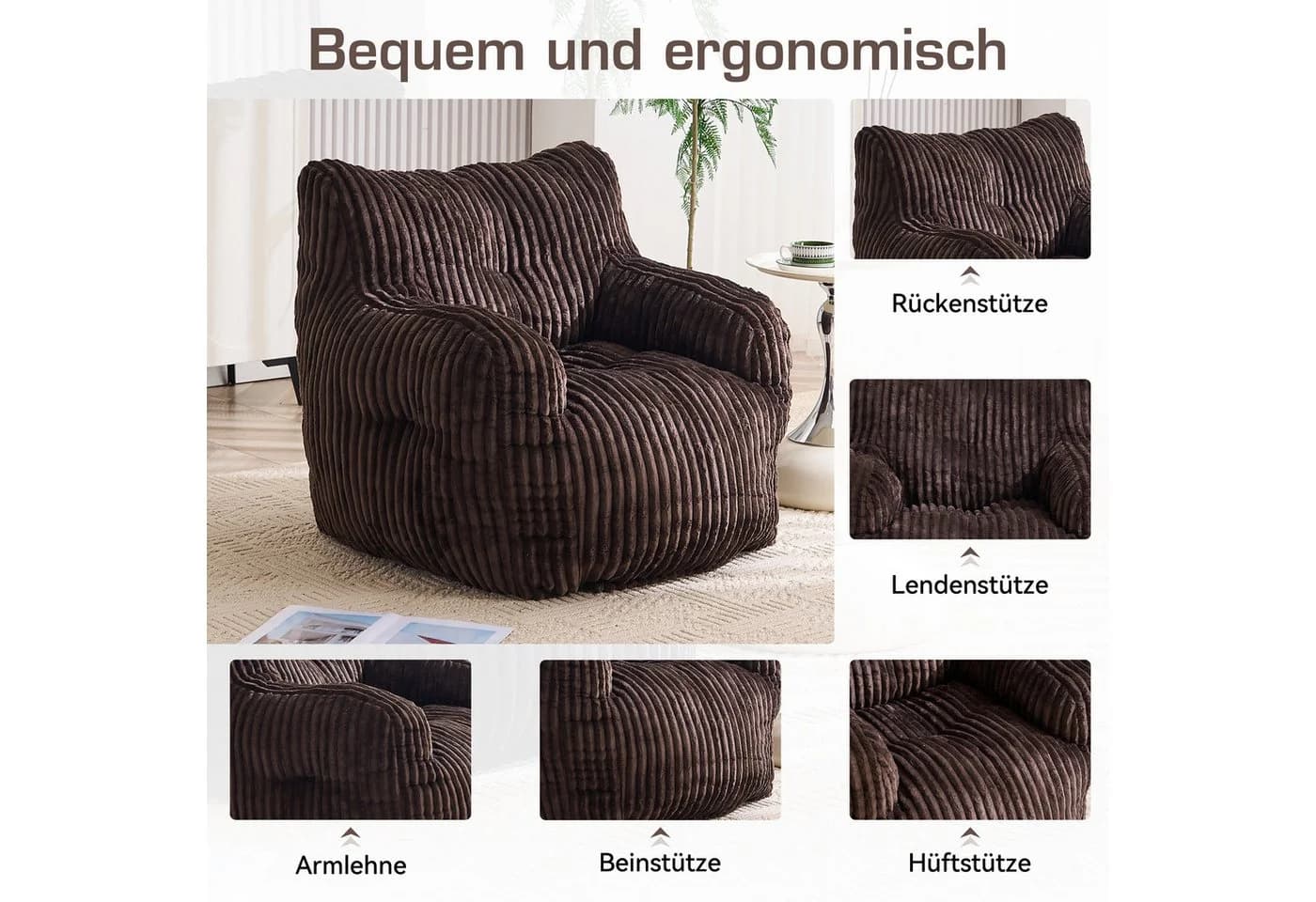 BlingBin Sitzsack Loungesessel Cord Braun Memory-Schaum - Bild 4