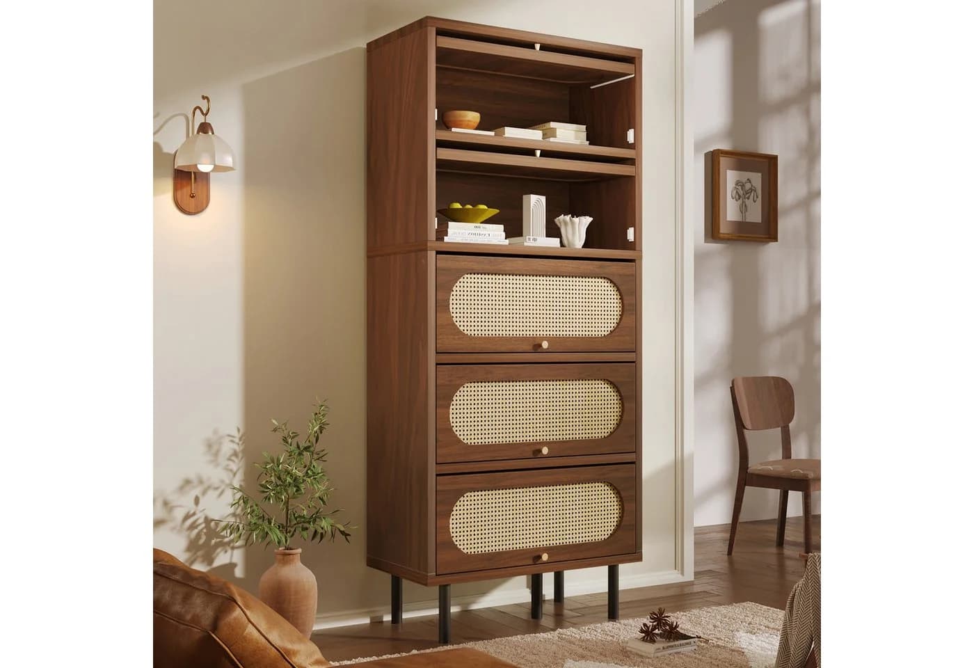 BlingBin Hochschrank Nussbaum mit Rattan Fronten & Metallbeinen - Bild 2