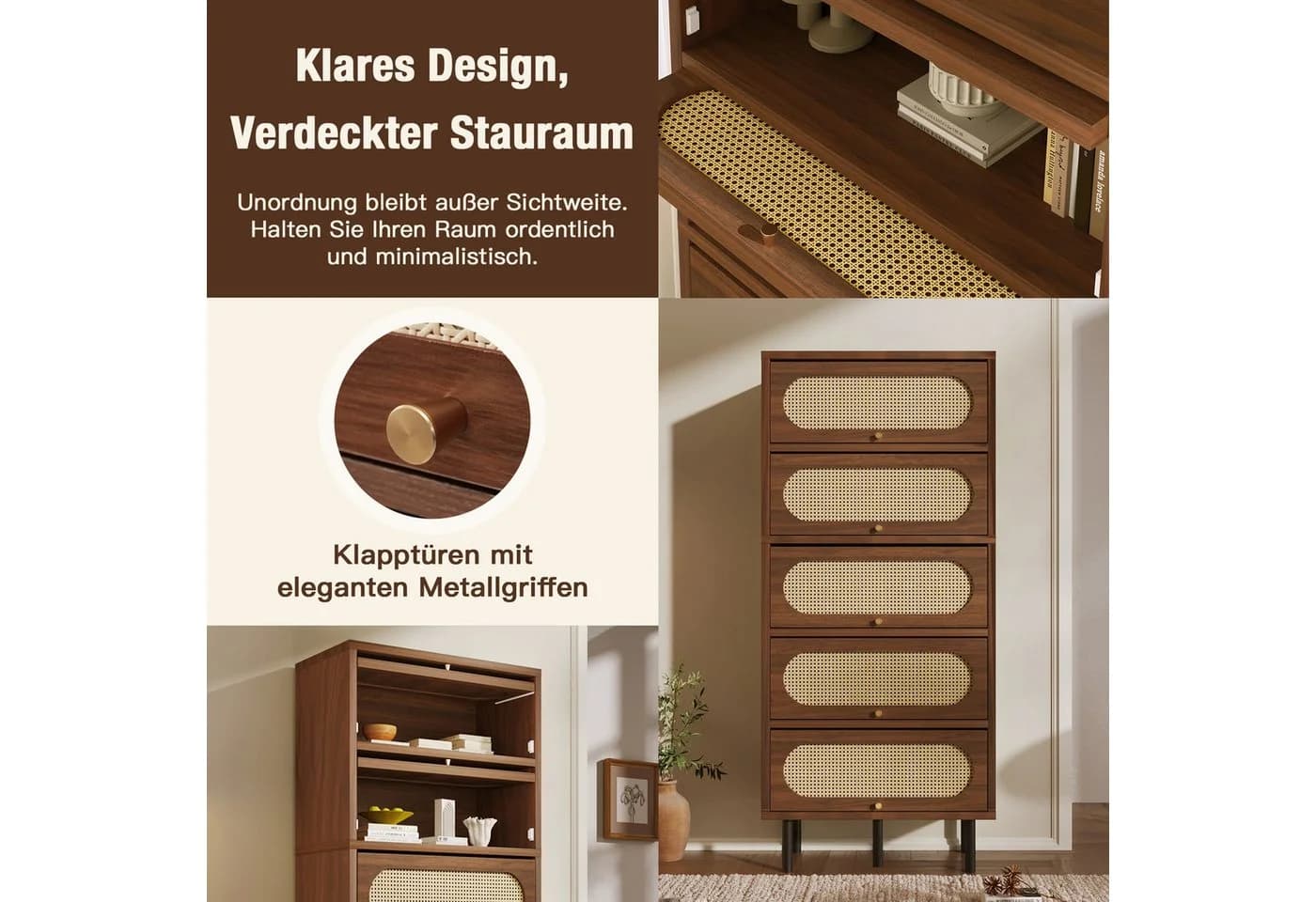 BlingBin Hochschrank Nussbaum mit Rattan Fronten & Metallbeinen - Bild 4