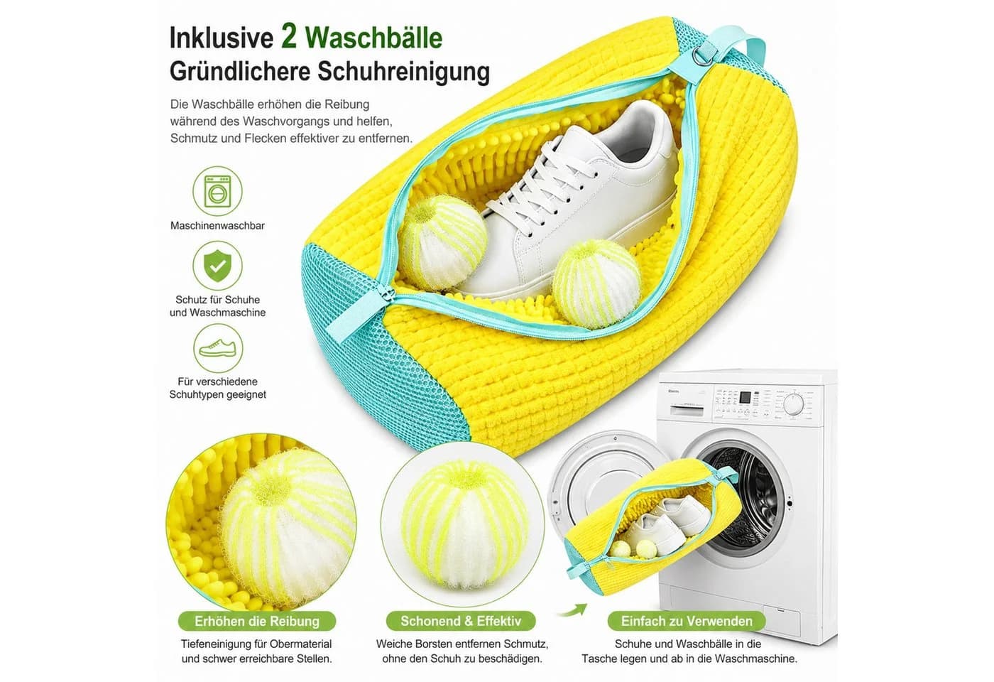 Keyura Schuhwaschbeutel 2 Stück Gelb Polyester-Nylon mit 360° Reinigungsflaum