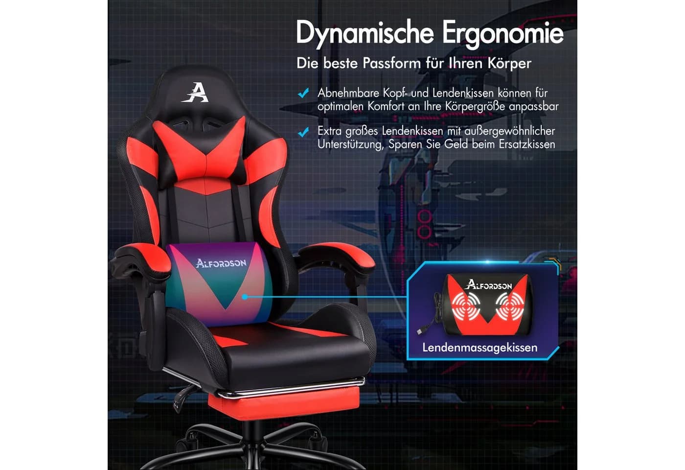 ALFORDSON Gaming-Stuhl Massagestuhl mit LED, 150° Neigung, PU-Leder, 180 kg Tragkraft - Bild 3