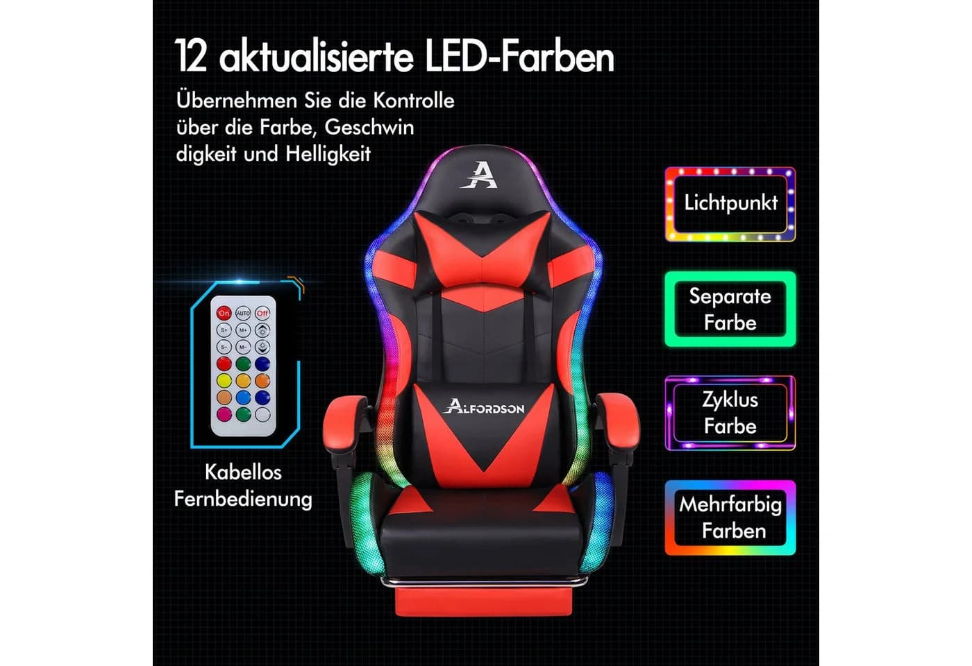 ALFORDSON Gaming-Stuhl Massagestuhl mit LED, 150° Neigung, PU-Leder, 180 kg Tragkraft - Bild 5