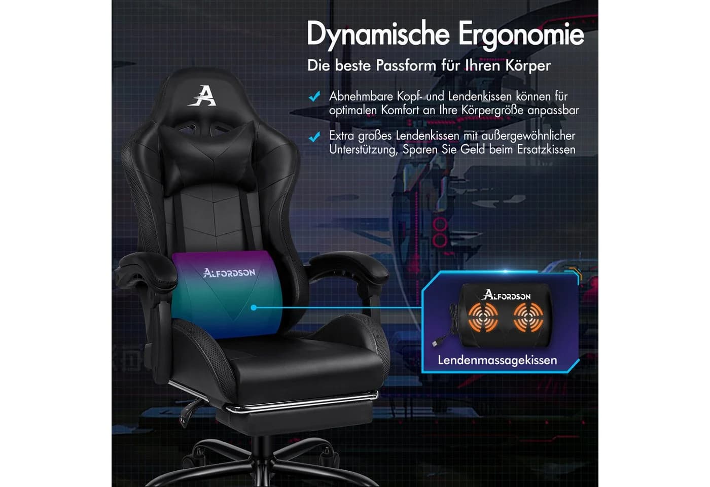 ALFORDSON Gaming-Stuhl mit LED, Massage, 150° Neigung, PU-Leder, Schwarz - Bild 3