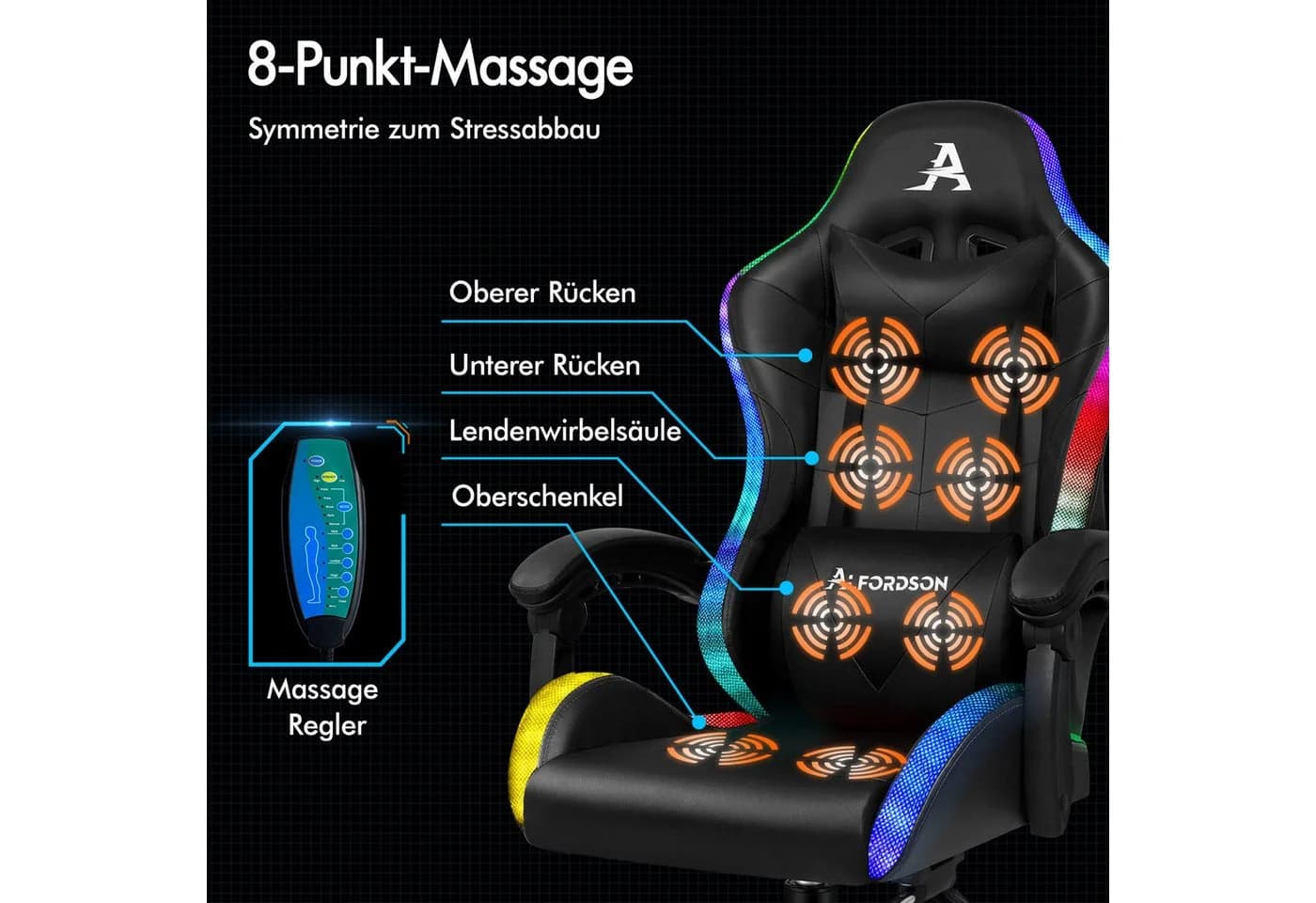 ALFORDSON Gaming-Stuhl mit LED, Massage, 150° Neigung, PU-Leder, Schwarz - Bild 4