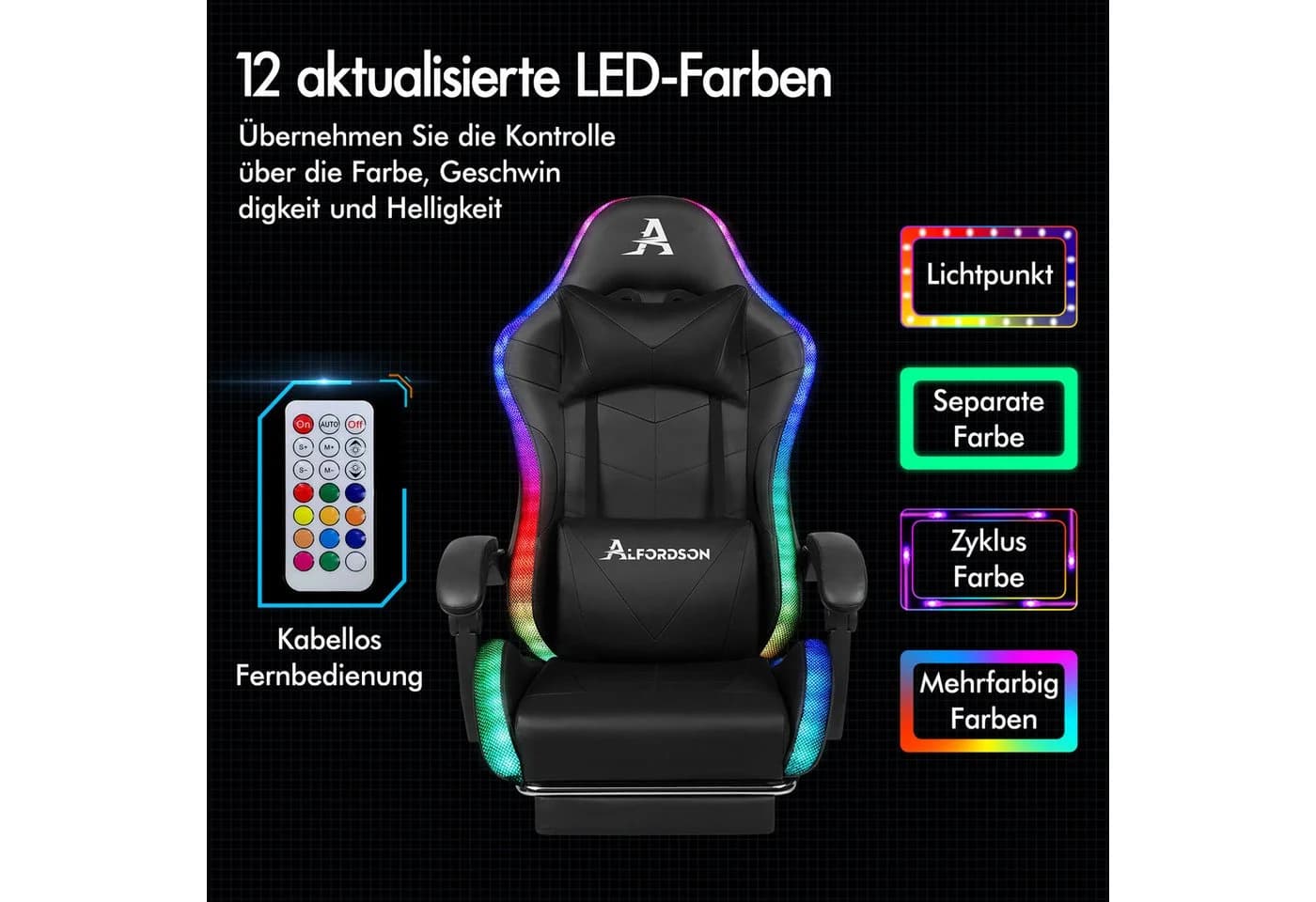 ALFORDSON Gaming-Stuhl mit LED, Massage, 150° Neigung, PU-Leder, Schwarz - Bild 5