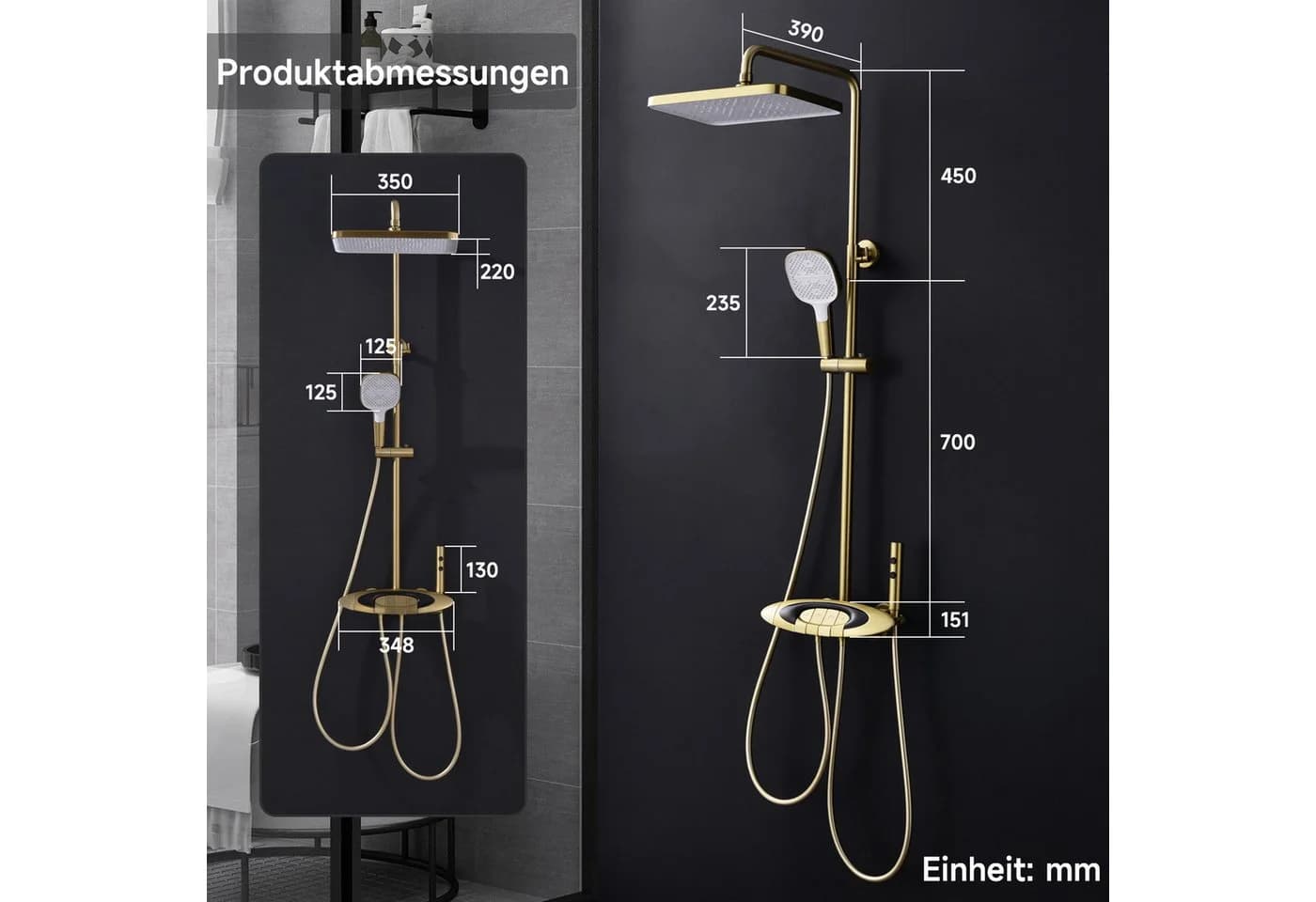 Oihpaw Duschsystem 4in1 Thermostat Regendusche Gebürstetes Gold
