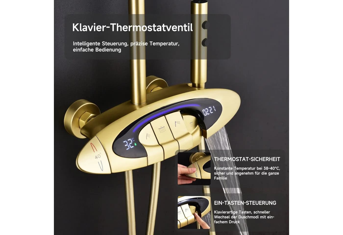 Oihpaw Duschsystem 4in1 Thermostat Regendusche Gebürstetes Gold - Bild 4