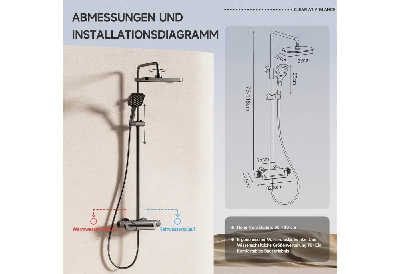 Oihpaw Duschsystem Premium Duschsäulen-Set 3in1 Regendusche mit Thermostat Grau