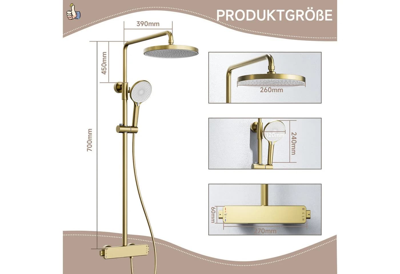 Oihpaw Duschsystem Runde Kopfbrause Gold 70 cm
