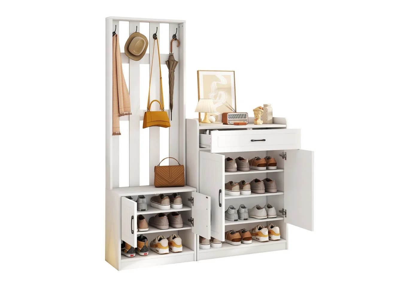 KLAM HOME Garderoben-Set mit Sitzbank und Schuhschrank Weiß