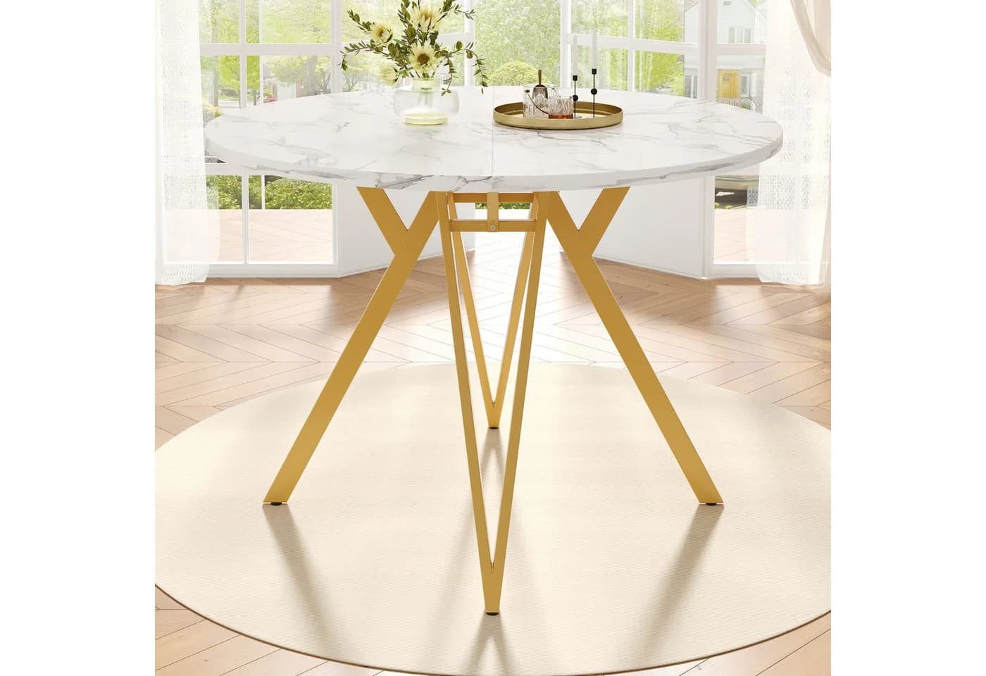 KLAM HOME Runder Esstisch 100 cm MDF-Marmor Gold - Bild 2