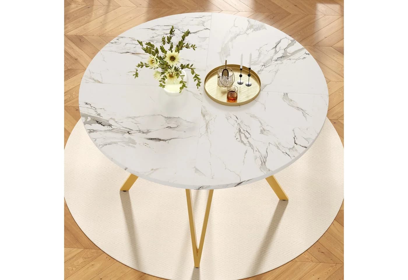 KLAM HOME Runder Esstisch 100 cm MDF-Marmor Gold - Bild 3