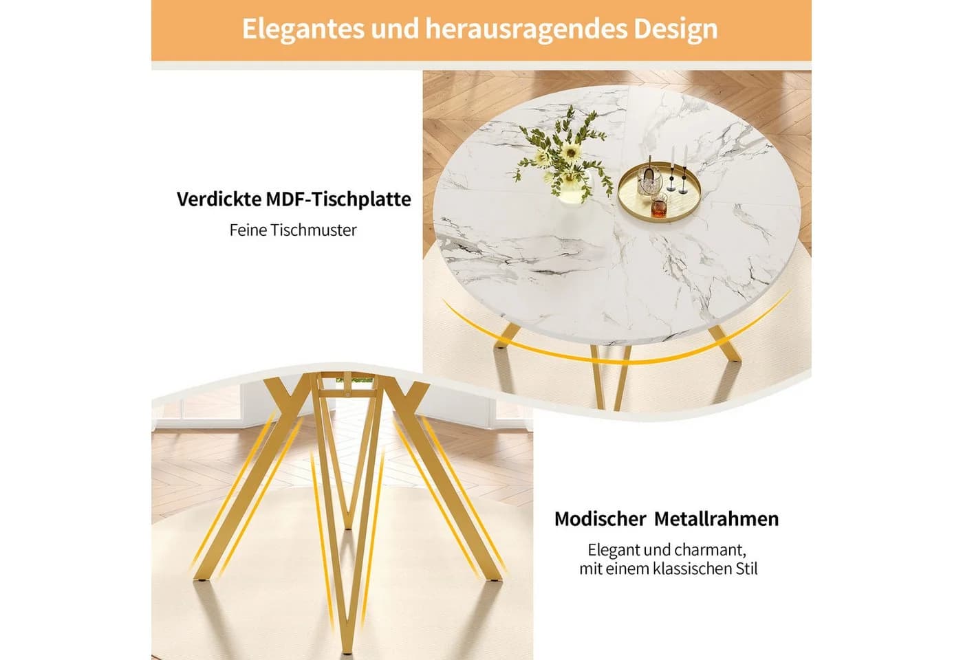 KLAM HOME Runder Esstisch 100 cm MDF-Marmor Gold - Bild 5