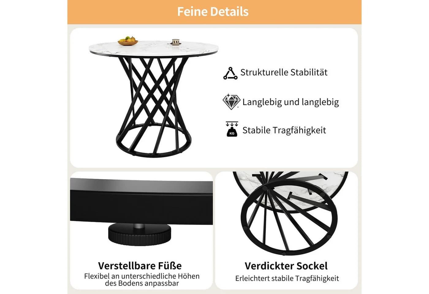 KLAM HOME Esstisch 80x80 cm MDF-Marmor Gold - Bild 5