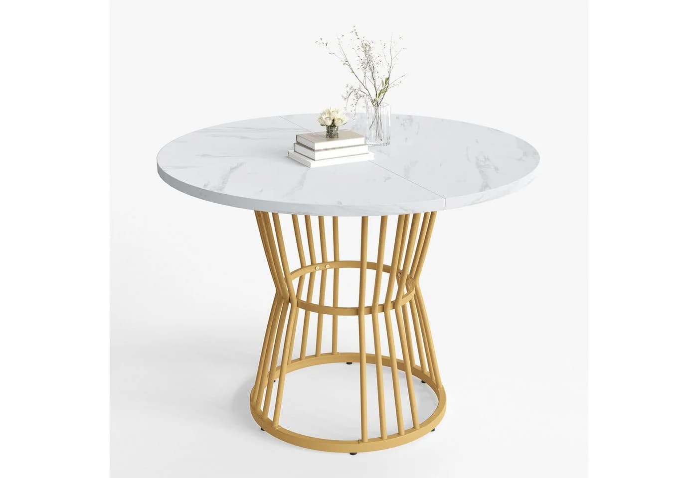 KLAM HOME Runder Esstisch Weiß Marmoroptik Metallbein