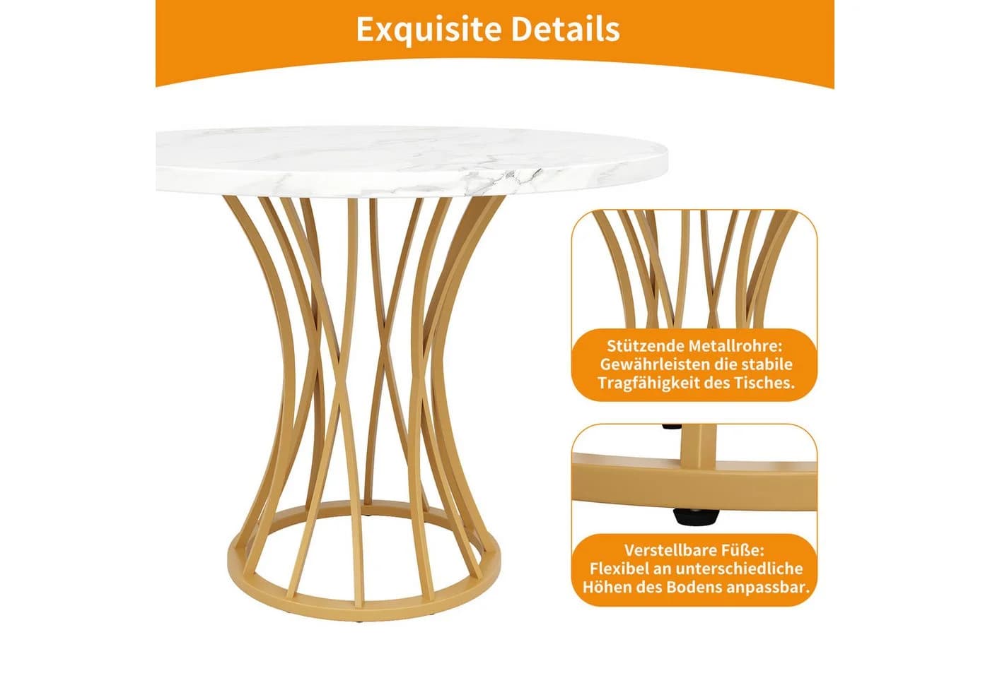 KLAM HOME Runder Esstisch 80x80x76 cm Gold Metallrahmen - Bild 5