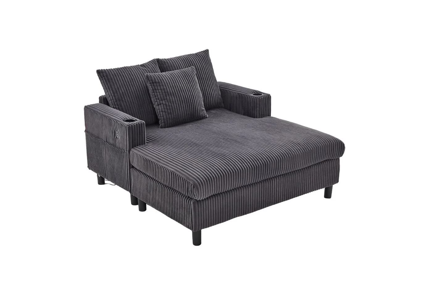 KLAM HOME Loungesofa Premium Chaiselongue Grau mit LED & USB