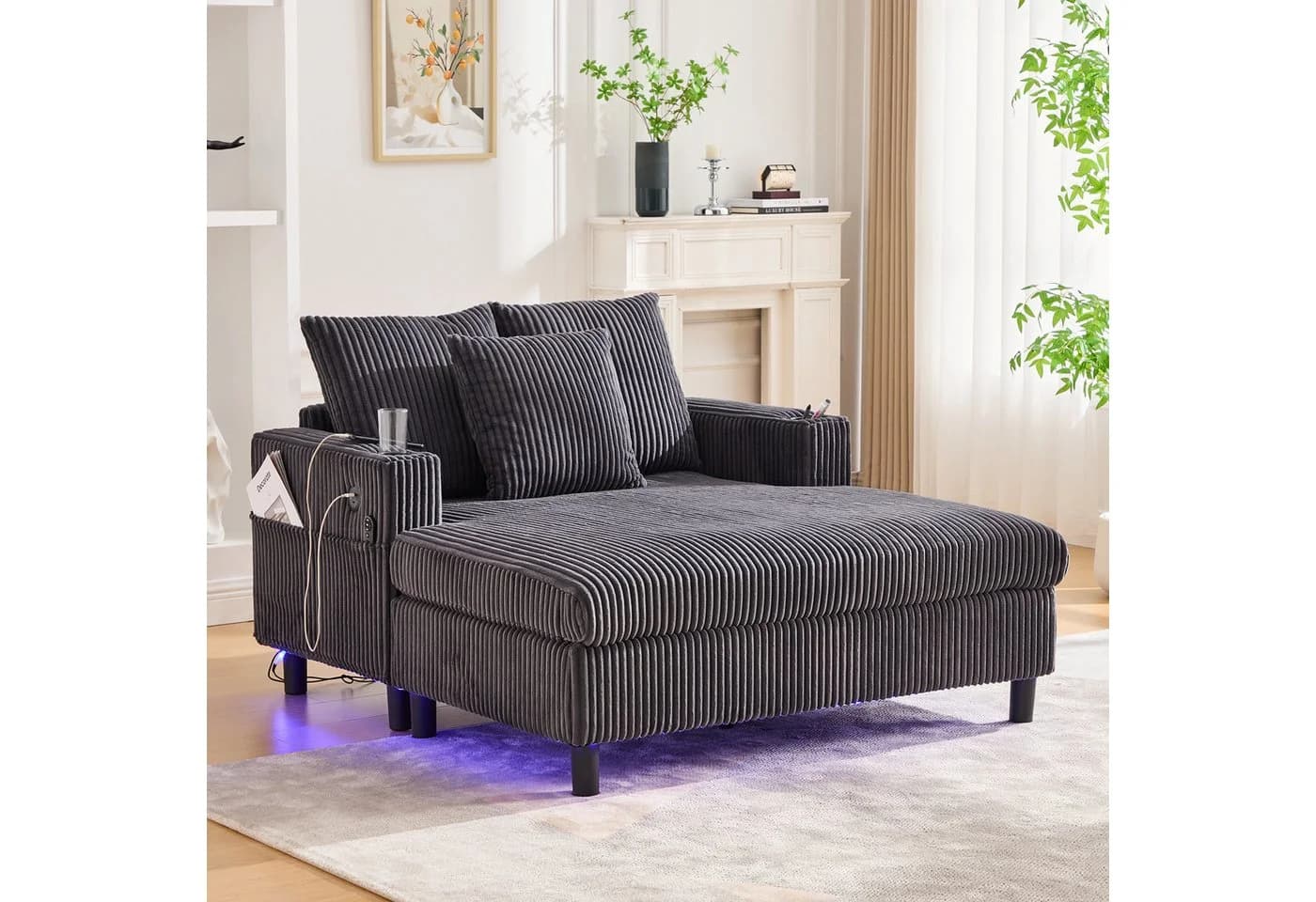 KLAM HOME Loungesofa Premium Chaiselongue Grau mit LED & USB - Bild 3