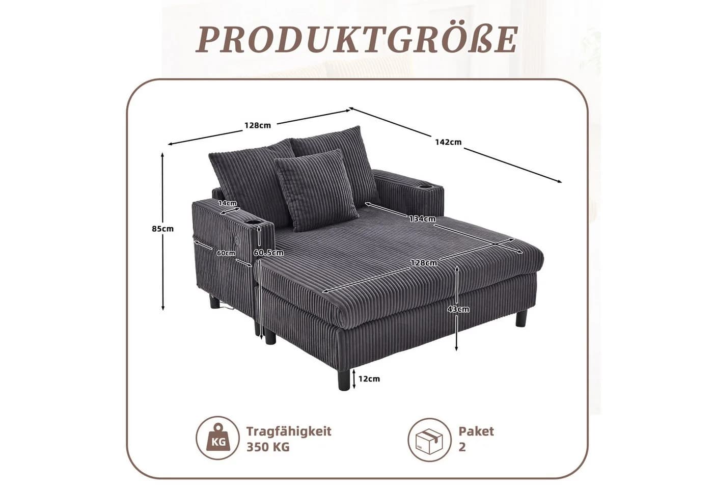 KLAM HOME Loungesofa Premium Chaiselongue Grau mit LED & USB - Bild 4