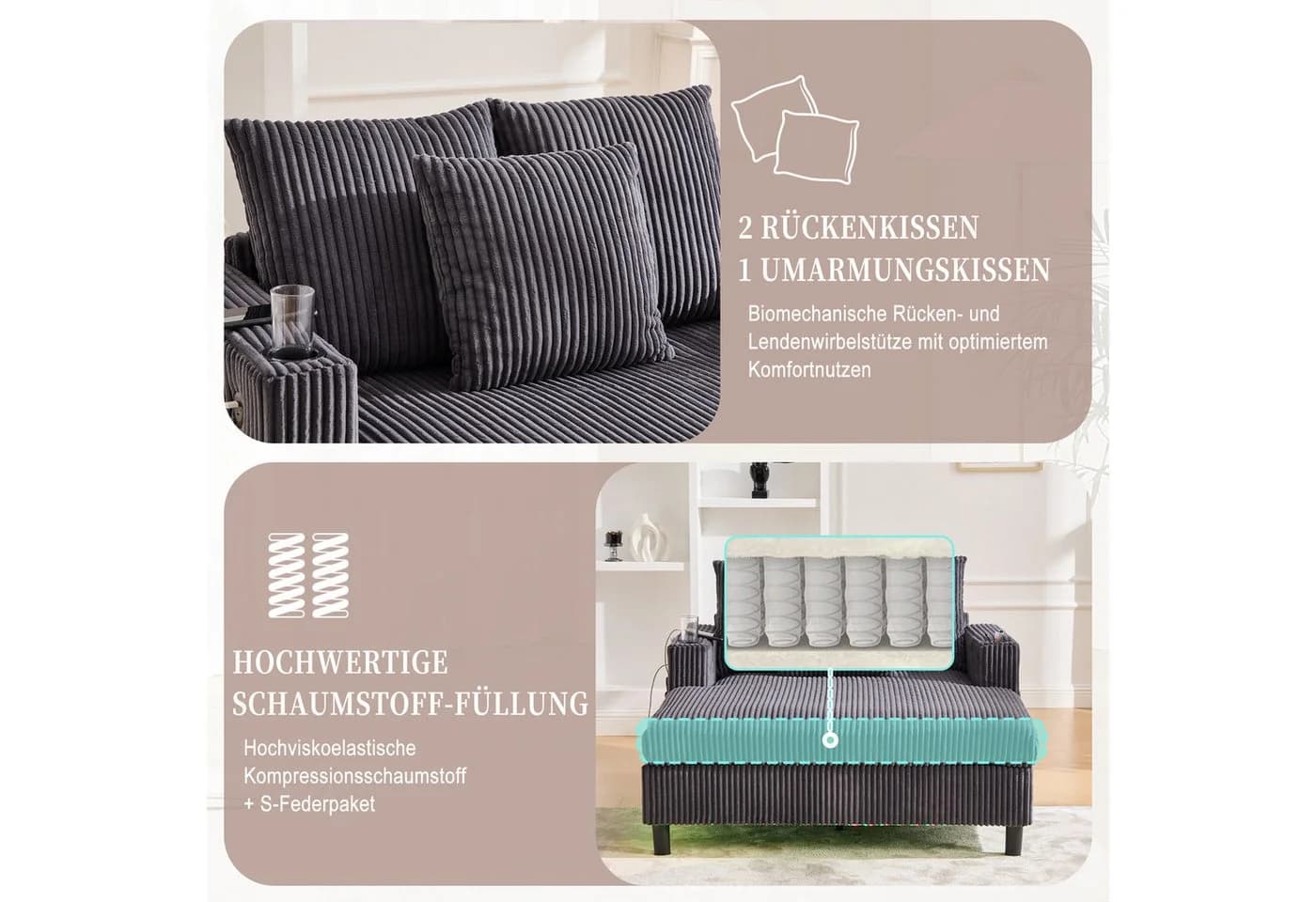 KLAM HOME Loungesofa Premium Chaiselongue Grau mit LED & USB - Bild 5