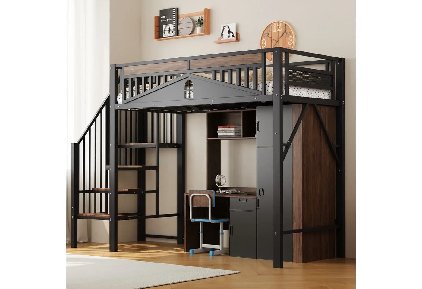 KLAM HOME Metall-Hochbett mit Sicherheitszaun und Stauraum Schwarz - Bild 2