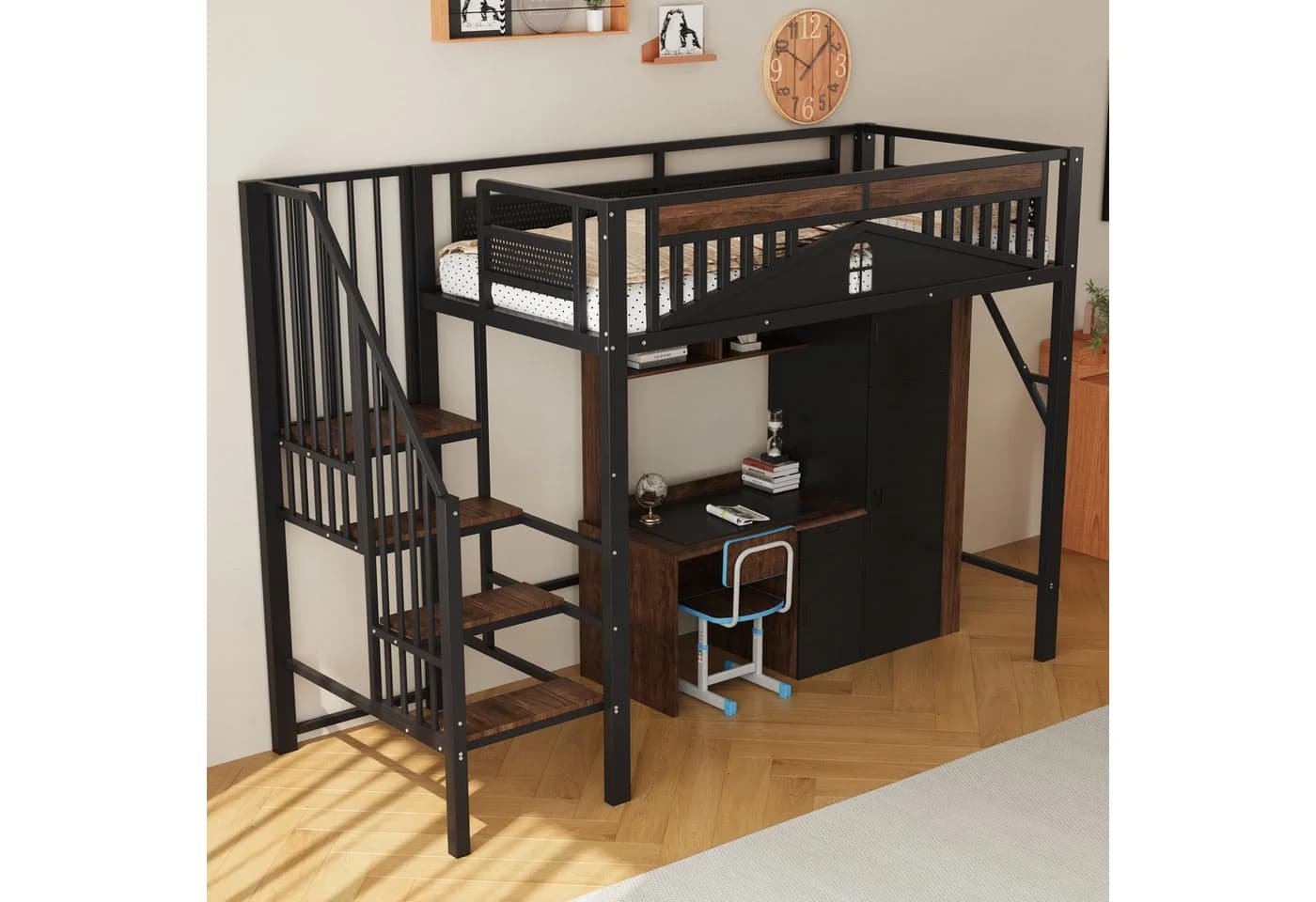 KLAM HOME Metall-Hochbett mit Sicherheitszaun und Stauraum Schwarz - Bild 3
