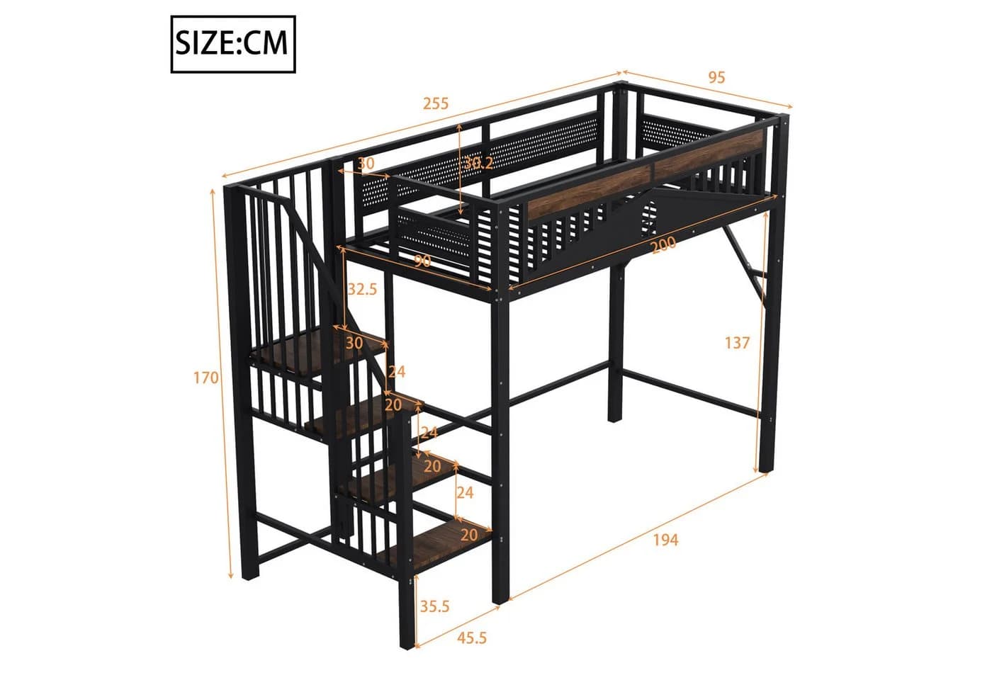 KLAM HOME Metall-Hochbett mit Sicherheitszaun und Stauraum Schwarz - Bild 4