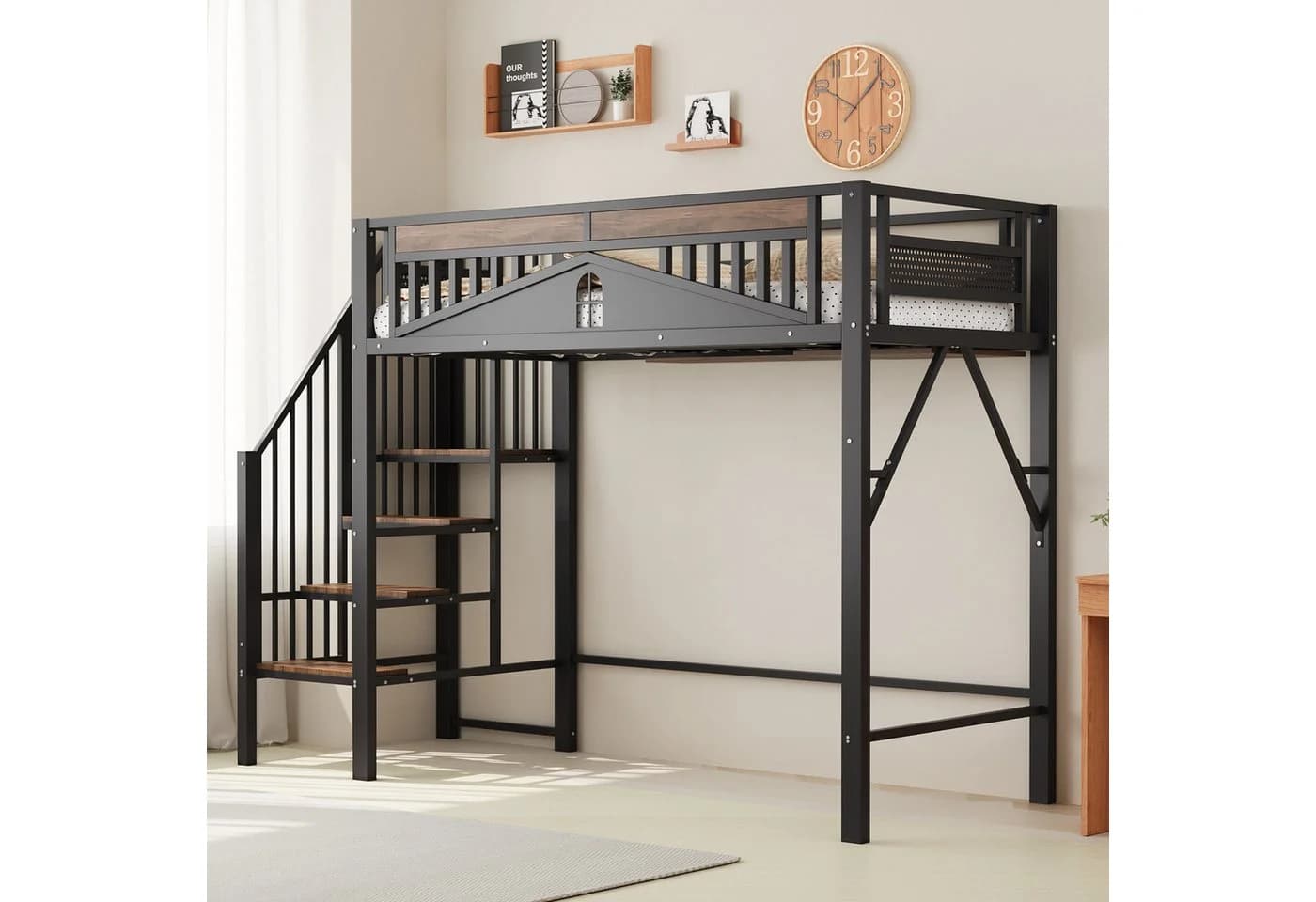 KLAM HOME Metall-Hochbett mit Sicherheitszaun und Stauraum Schwarz - Bild 5