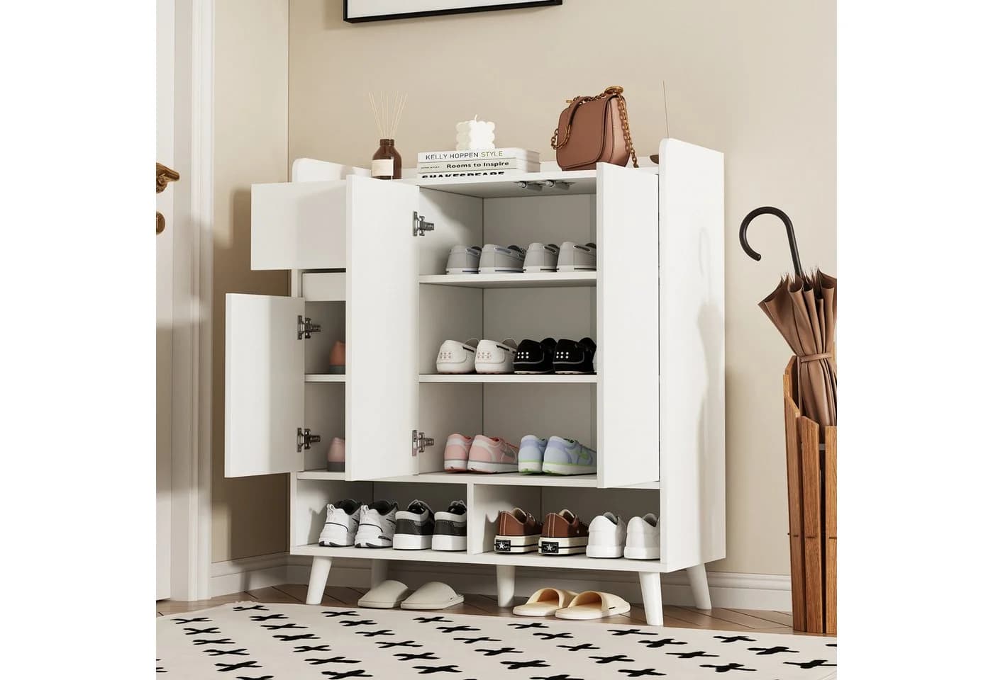 KLAM HOME Schuhschrank Weiß Massivholzbeine - Bild 4