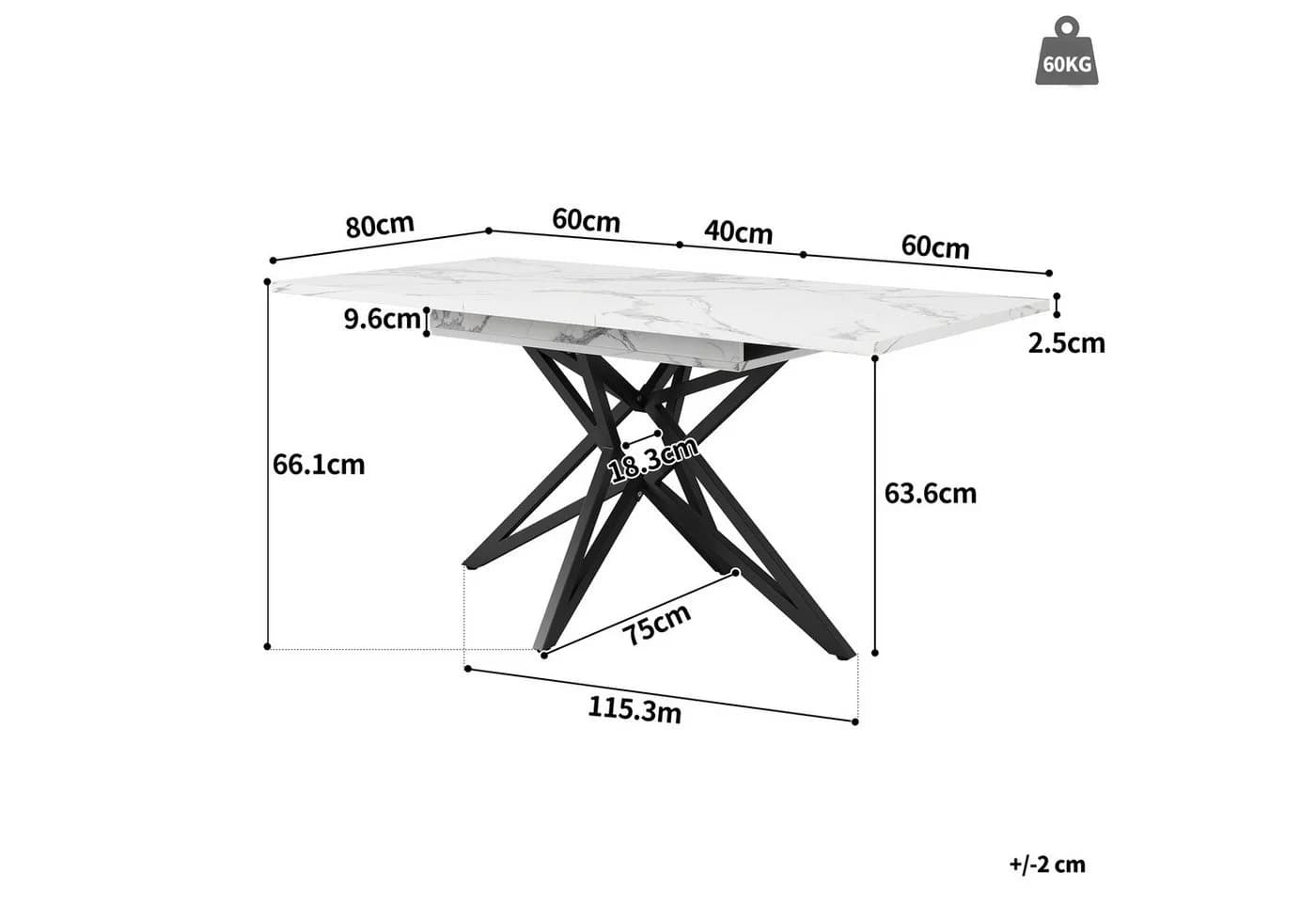 KLAM HOME Ausziehbarer Esstisch 120-160x80 cm Walnussholz Metall - Bild 3