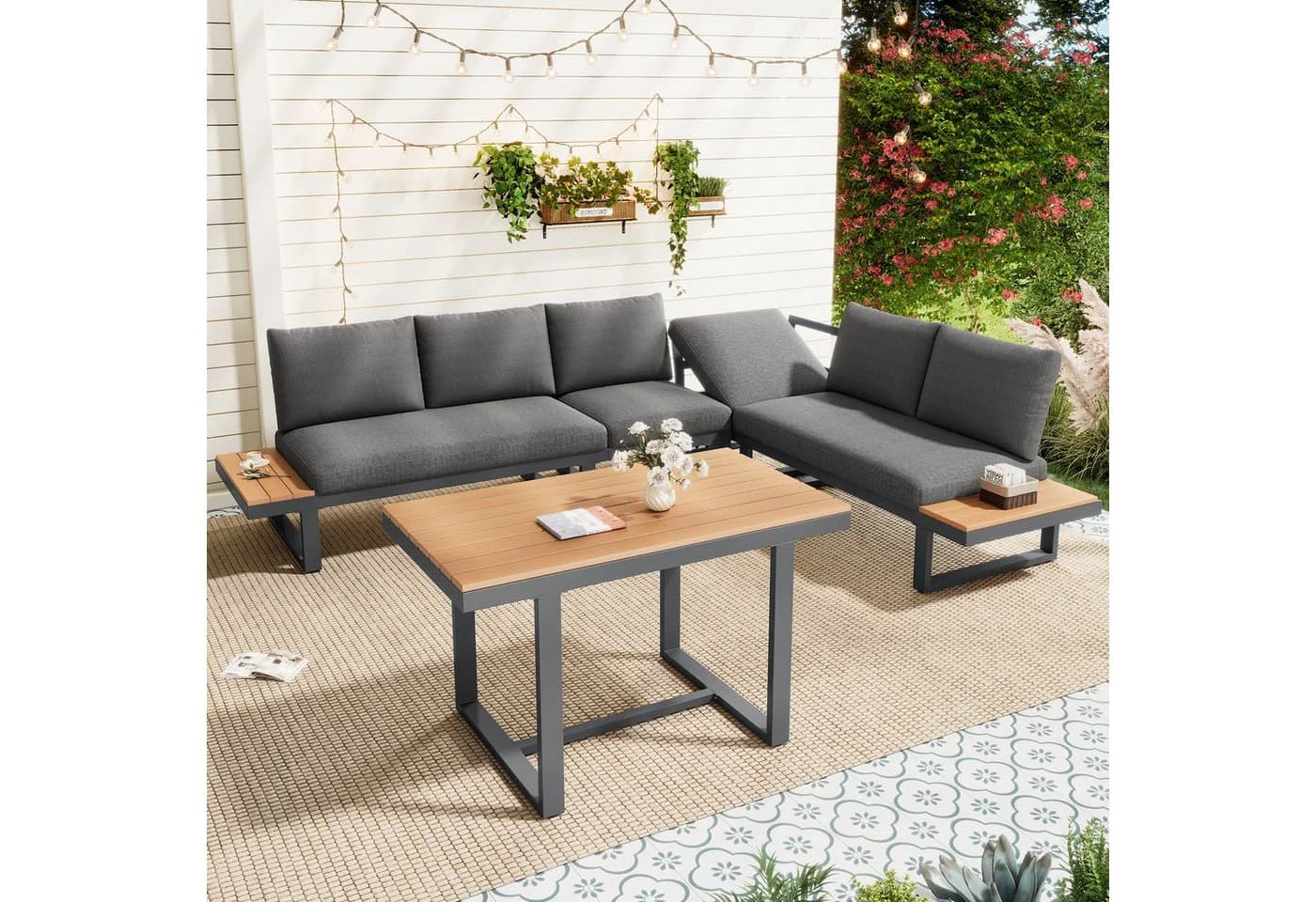 KLAM HOME Gartenlounge-Set Eck-Set grau/schwarz mit Neigefunktion - Bild 2