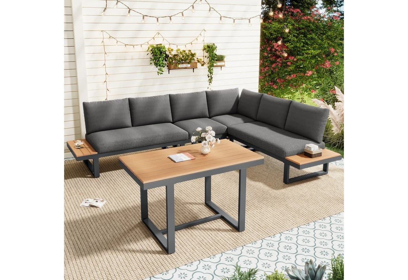 KLAM HOME Gartenlounge-Set Eck-Set grau/schwarz mit Neigefunktion - Bild 4