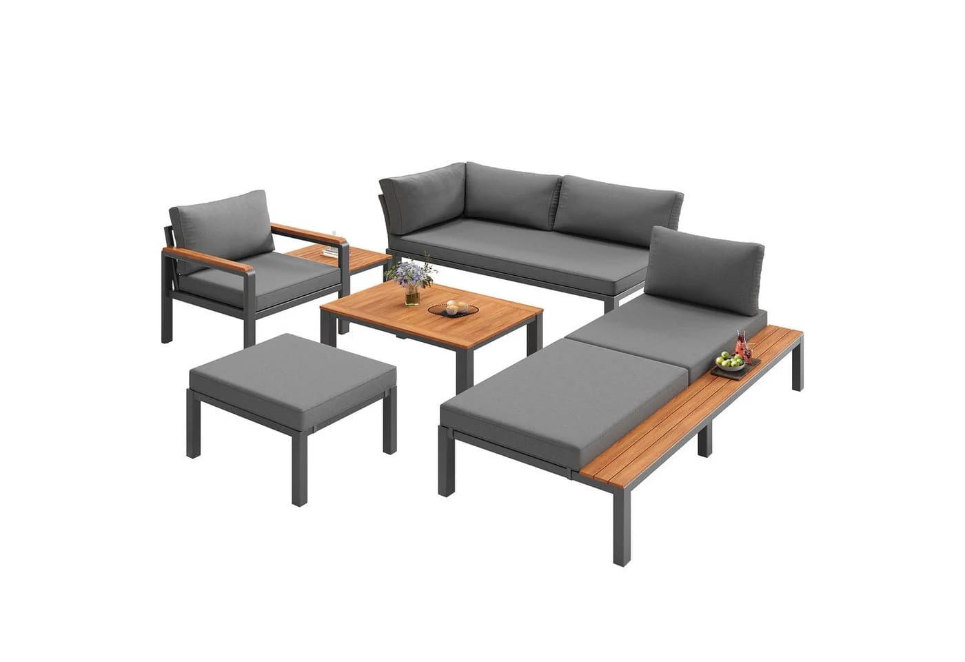 KLAM HOME Gartenlounge-Set Grau Modular Metallrahmen Akazie