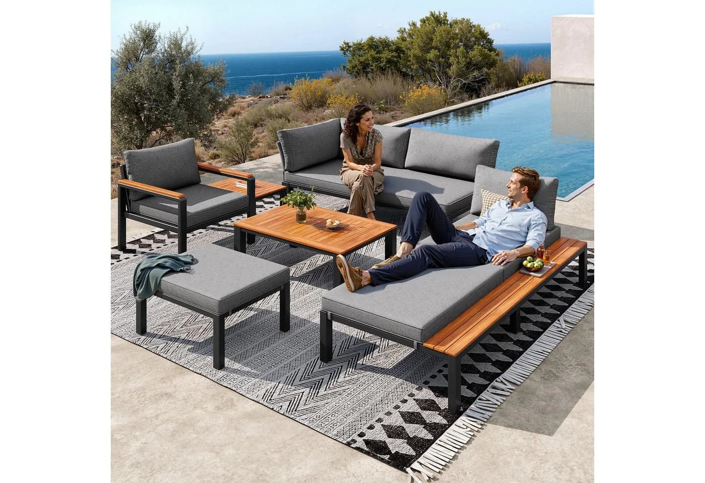KLAM HOME Gartenlounge-Set Grau Modular Metallrahmen Akazie - Bild 2